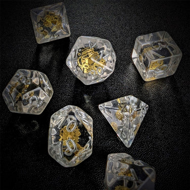 Gold Cogs in Clear Resin - 7pcs RPG Full Dice Set